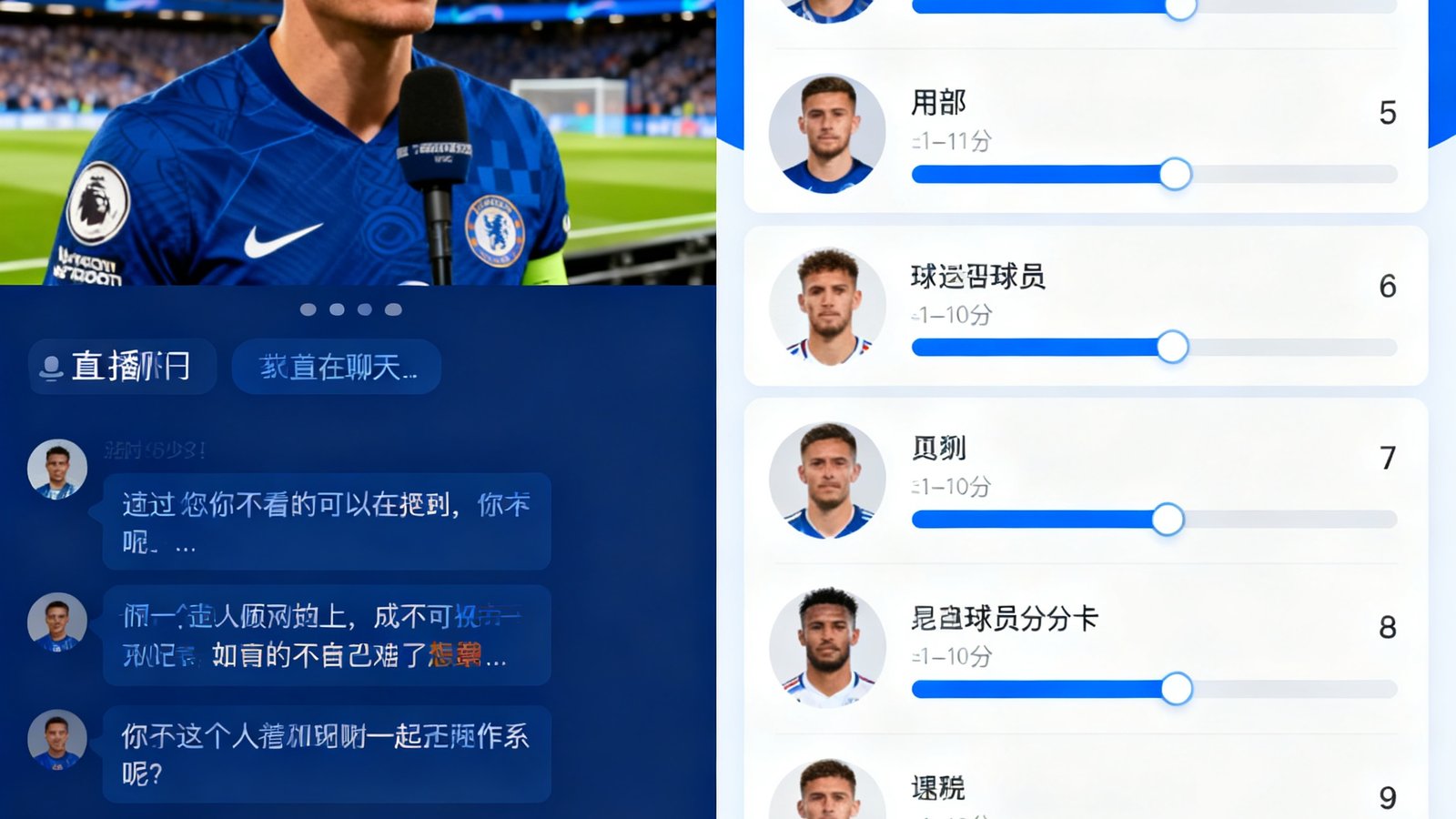 球迷社区讨论界面展示，左侧为比赛直播间实时聊天区，消息快速滚动，右侧为赛后球员评分卡片，每位球员配有头像和1-10分评分滑块